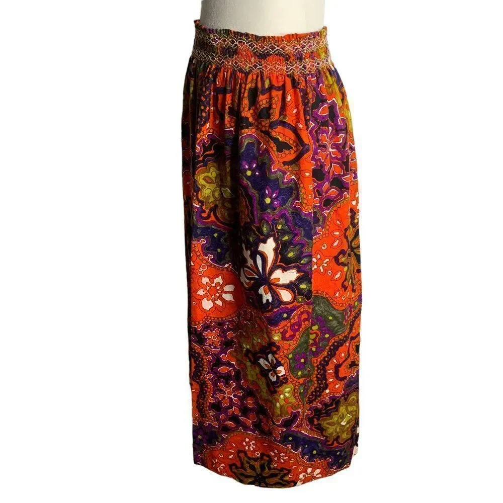 Vintage 70s Psychedelic Hawaiian Maxi Skirt M Orange Floral Barkcloth